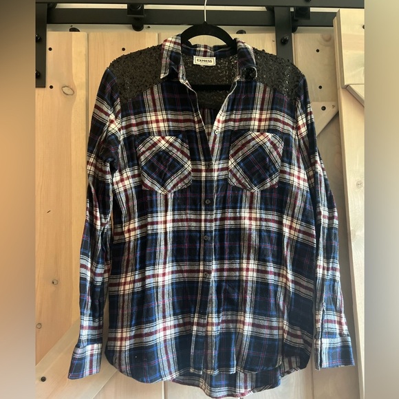 Express Boyfriend Flannel with Sequins - Picture 2 of 9